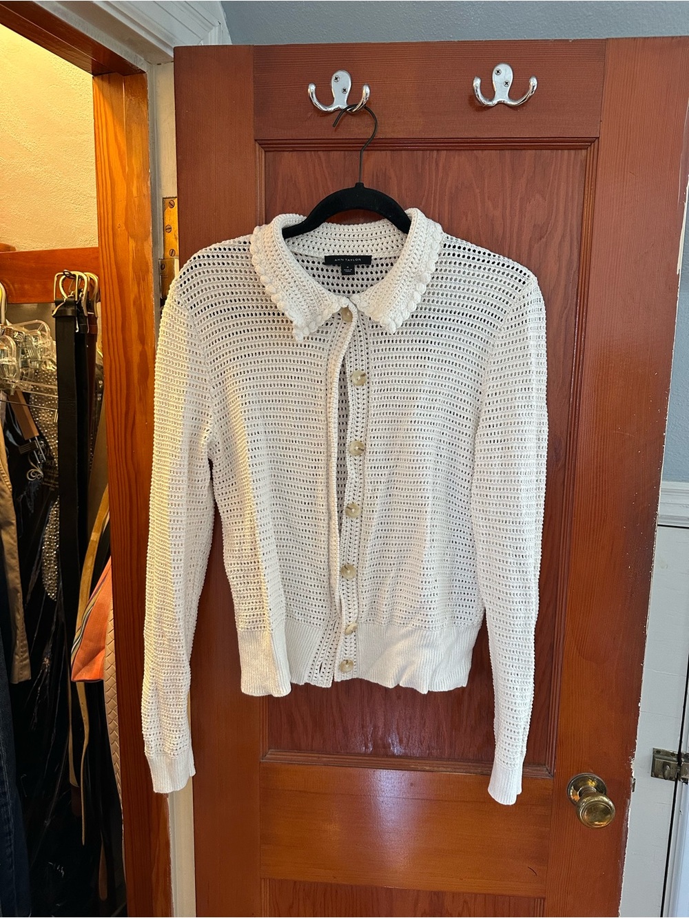 Ann Taylor Cream Crochet Button-Front Cardigan
